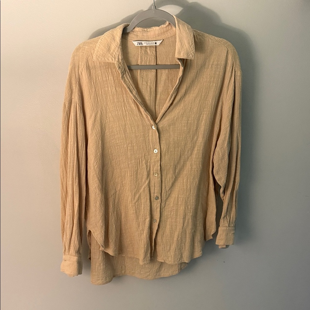 Zara Beige Button-Down Gauze Shirt